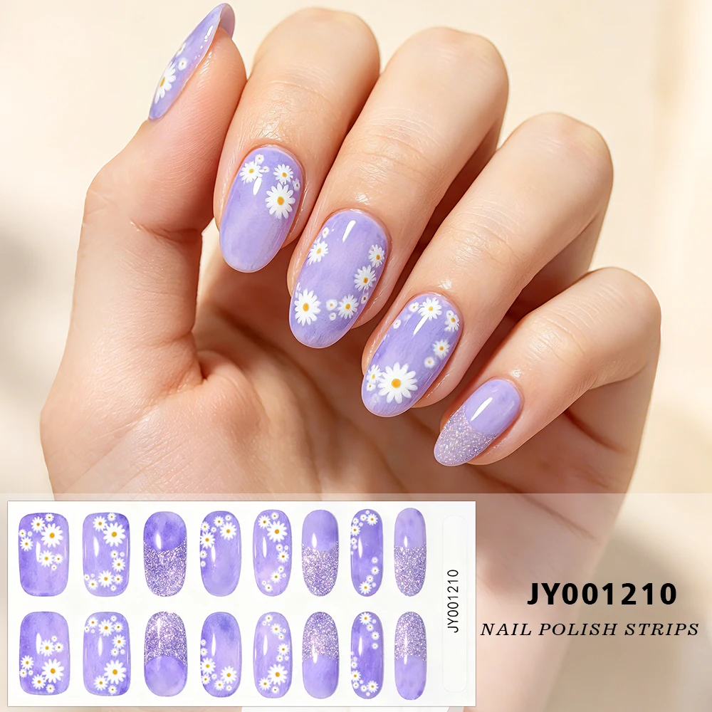 16er-Set Lila-Rückseite Weiße Gänseblümchen Nagellackstreifen Glitzer Blumen Semi-Cured Nagelaufkleber UV-Lampe erforderlich Press-On Nagelkunst-Sticker