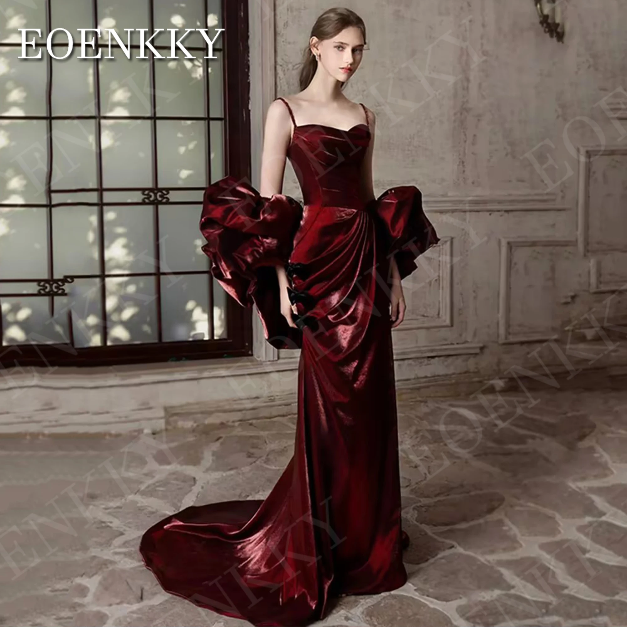 EOENKKY Burgundy Evening Dress with Sleeves Mermaid Sweetheart Neck Satin Party Prom Dresses Customized Spaghetti Straps Women