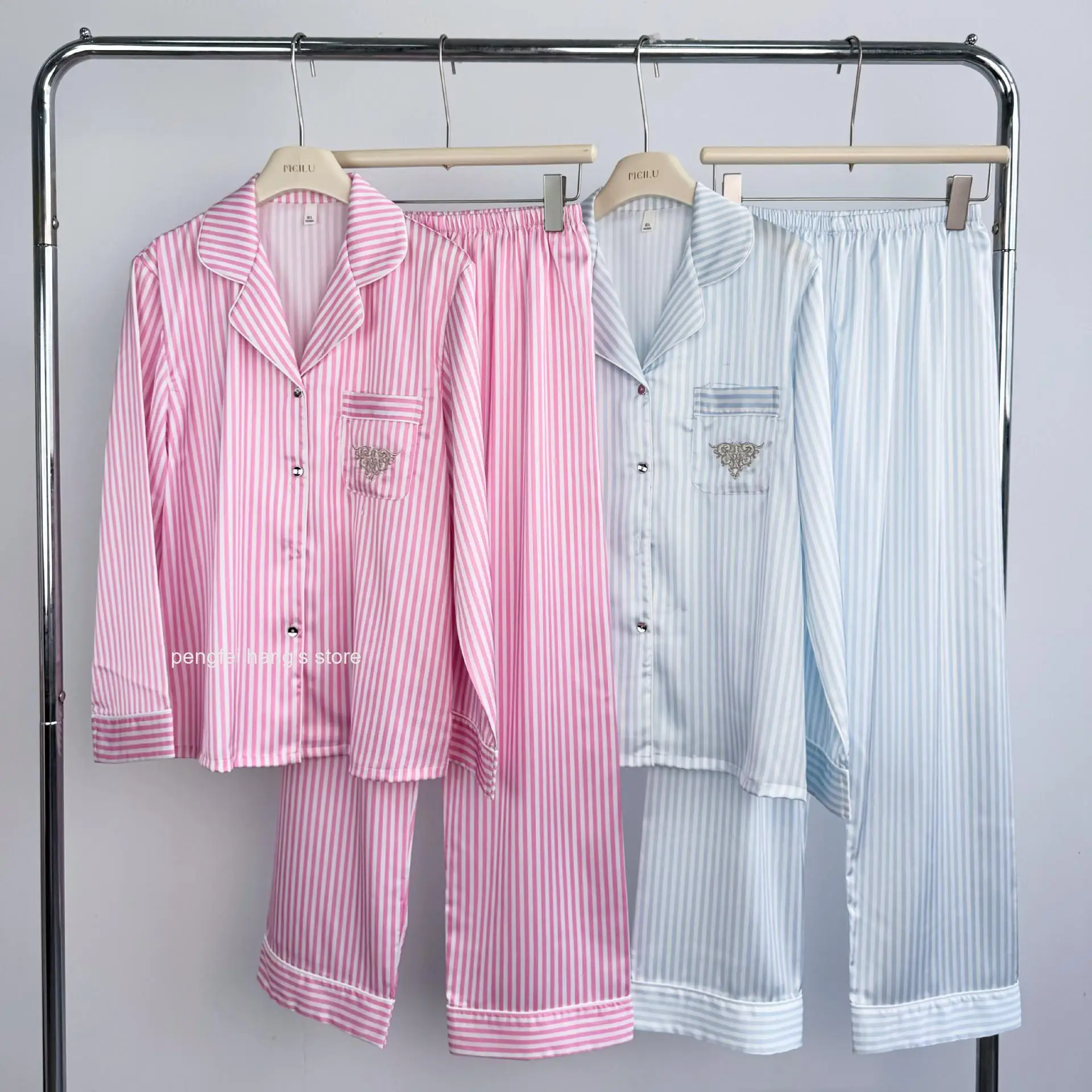 Women Ice Silk Striped Pajama Set Lapel Open Front Long Sleeve Top Long Pants Loose Pink White Light Blue Block Loungewear