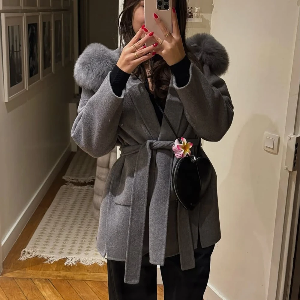 

Talenza Fur Patchwork Lace-up Woolen Coat Women's Street Lapel Pockets Full Sleeve Overcoats 2025 Winter New Ladies Chic Outwear