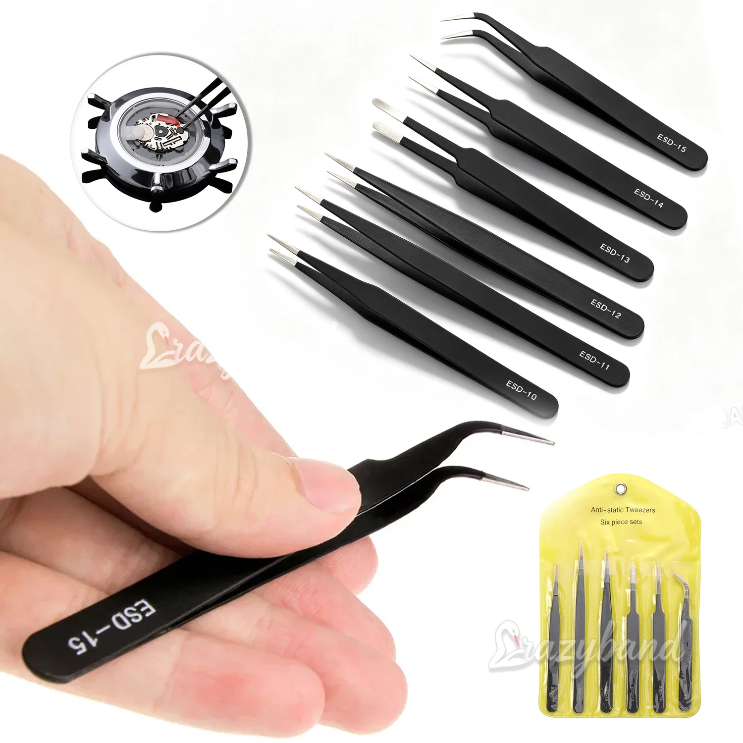 6pcs Precision Long Tweezers Set ESD Anti-Static Stainless Steel Tweezers Watch Tools For Electronics Repair Soldering Craft Set