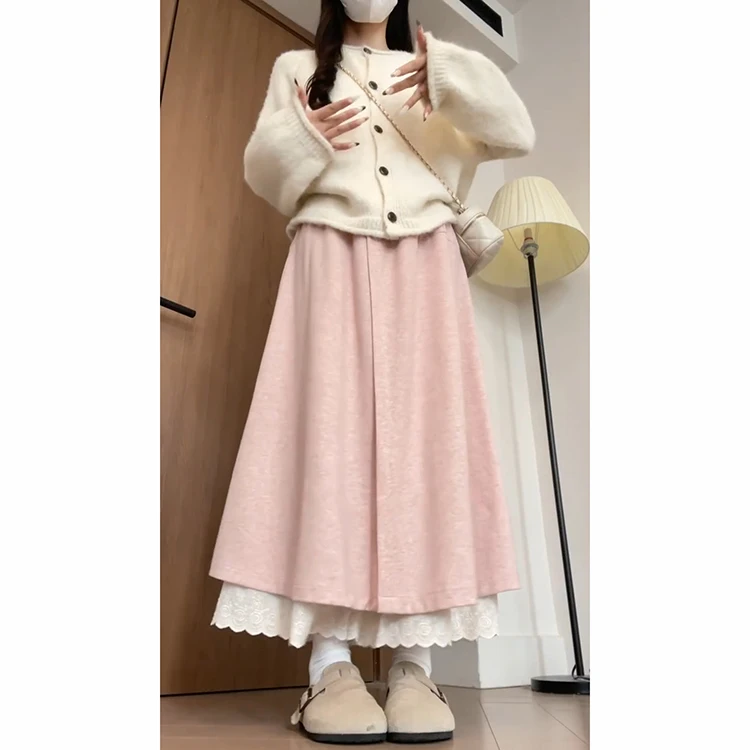 الكورية Sle عالية الخصر الدانتيل تقليم بنطال ذو قصة أرجل واسعة المرأة الخريف الشتاء Thiened Fce اصطف ثنى التخسيس تنورة السراويل