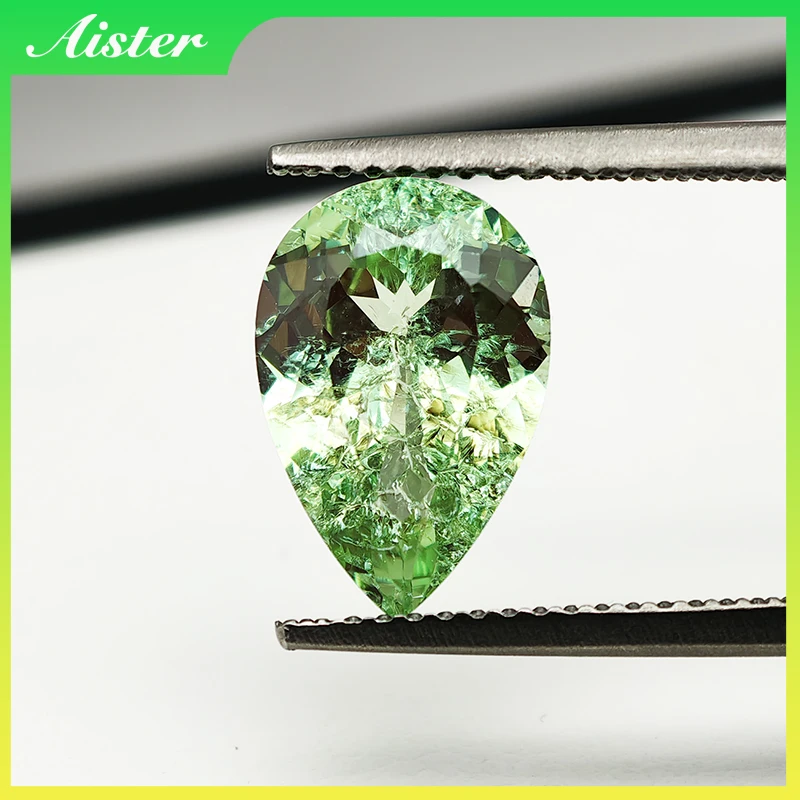 

Lab Grown YAG Garnet Pear Cracked Ice Cut Vivid Green Color Loose Gemstone For DIY Jewelry Making With AGL Certificate