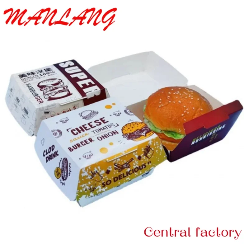 Custom  Custom Printing Logo Square New Design Food Grade Paper Recyclable Burger Box Sandwich Hamburger Box Packaging