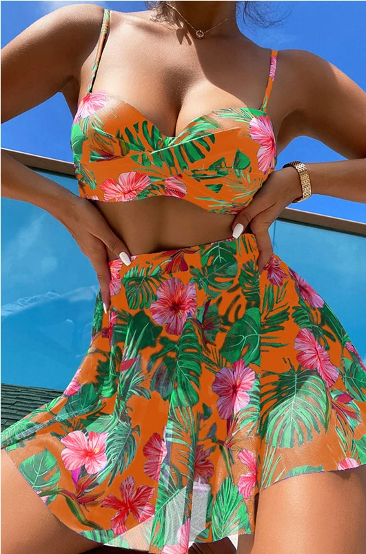2023 بلاس مجموعة البيكيني الاستوائية المطبوعة مجموعة ملابس السباحة مع تنورة الشاطئ ملابس الصيف المايوه للنساء