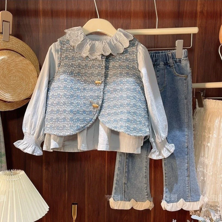 Girl's Autumn Outfit with Fashionable Temperament Children's Outfit Autumn Girl's Vest  Shirt Jeans Set
