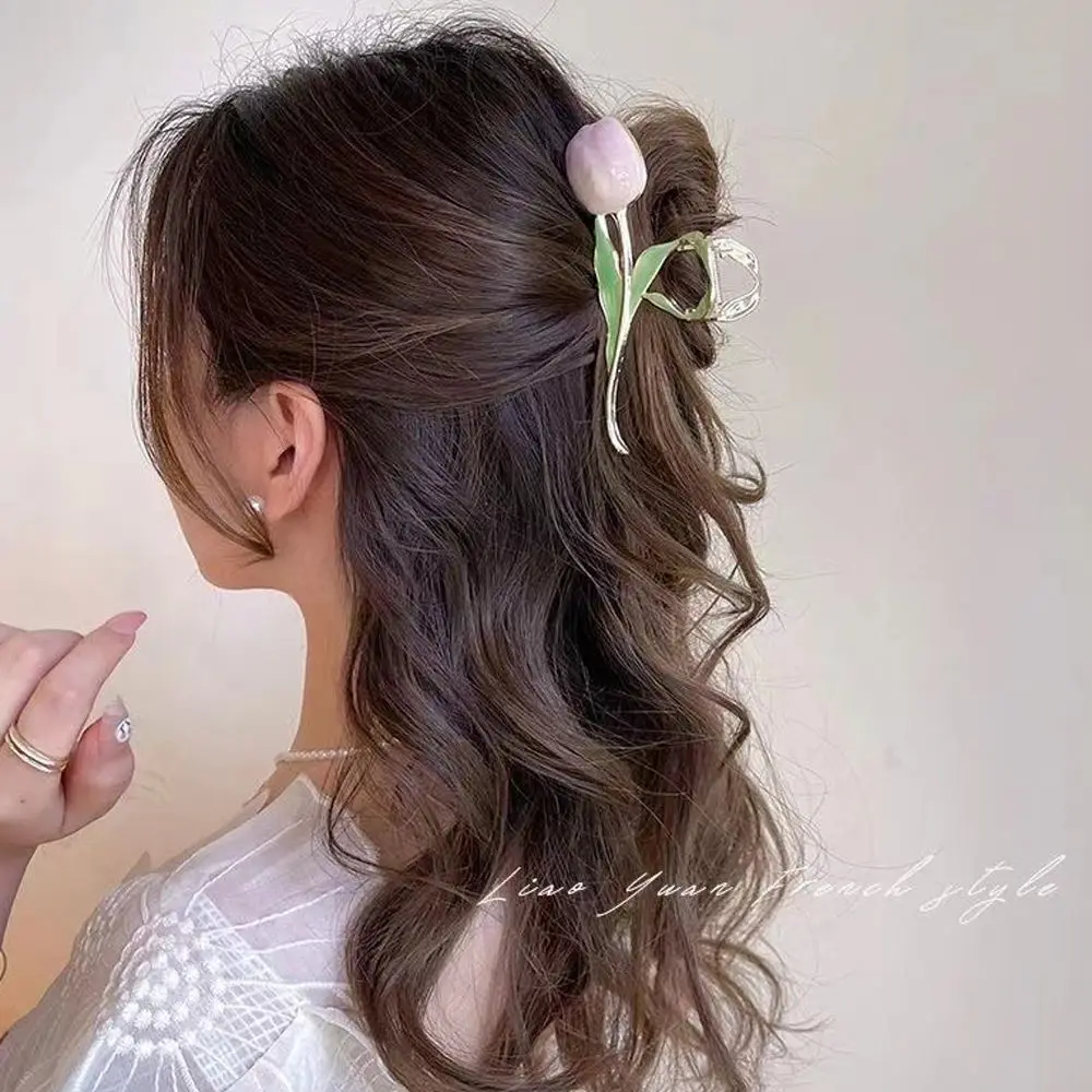 Garra de cabelo floral estilo coreano para fêmea, fada francesa grande, parte de trás da cabeça, chapéu elegante, clipe de caranguejo, tulipa e tubarão