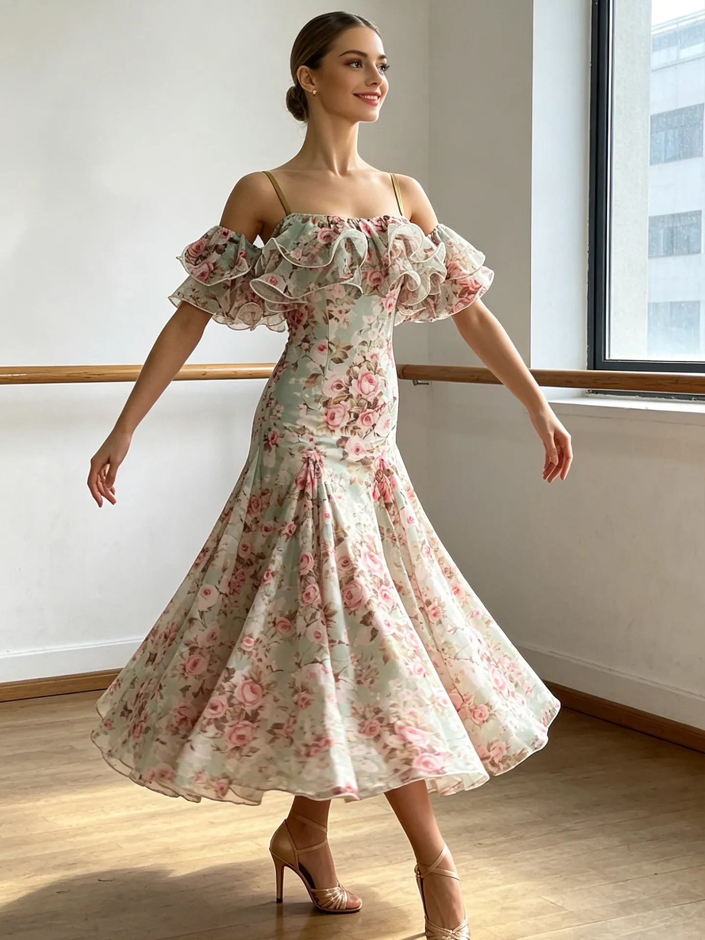 Ballroom-Tanz-Trainingsanzug, rückenfreies Kleid mit Trägern, Spitzenärmeln und Print, modernes Tanzkleid für Walzer und Foxtrot – Detail 3