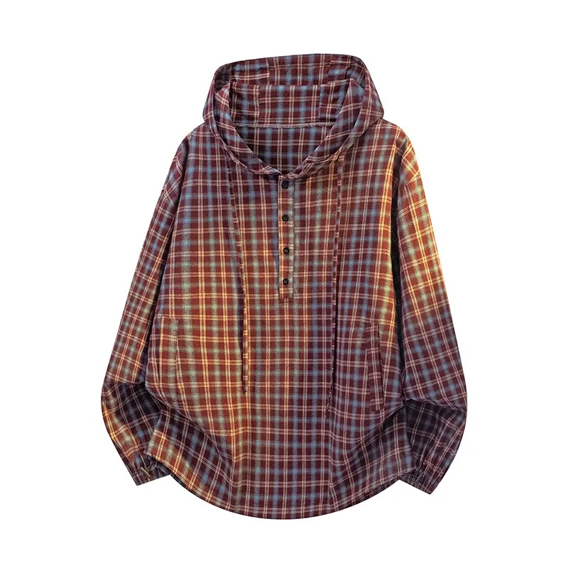 Men's New Spliced   pullover Hooded Button Plaid Fashion Loose and Versatile Casual Long-sleeved Shirts