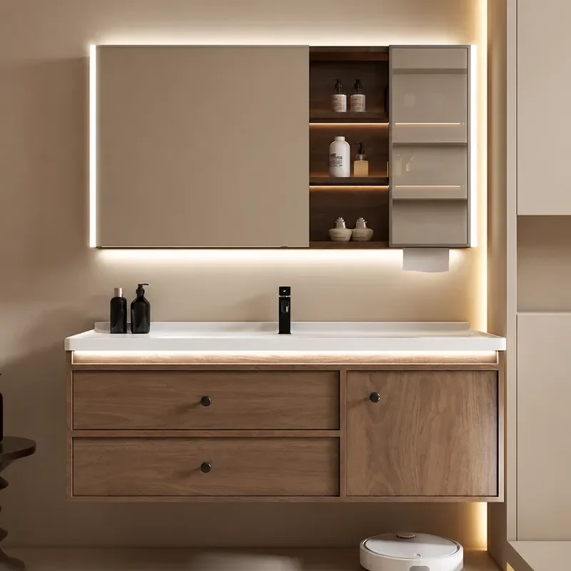 Black Walnut Bathroom Vanity Cabinet with Ceramic Integrated Basin Simple Modern Style Sanitary Ware Combo for Guest Bath