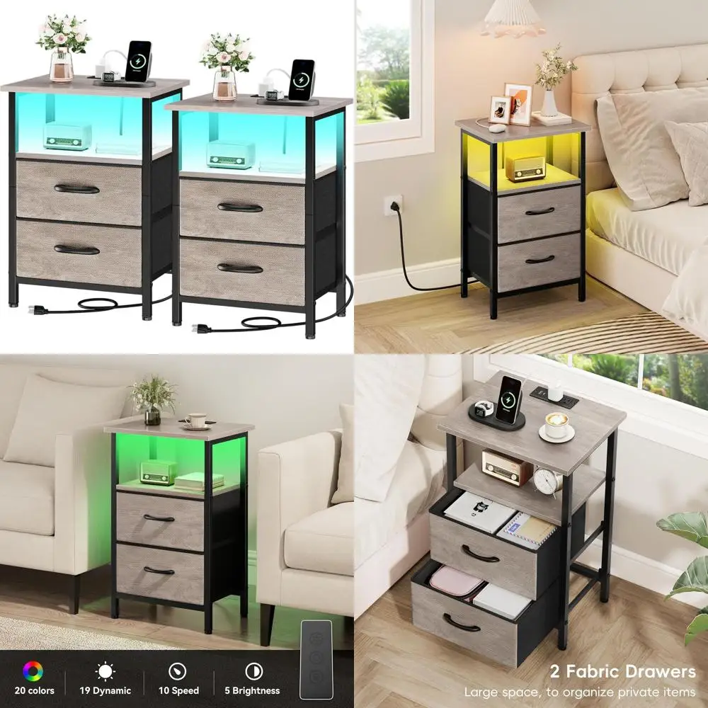 

LED Nightstand with Charging Station, 24.2 Tall Bedside Table, USB & Outlet Ports, Fabric Drawers, Greige