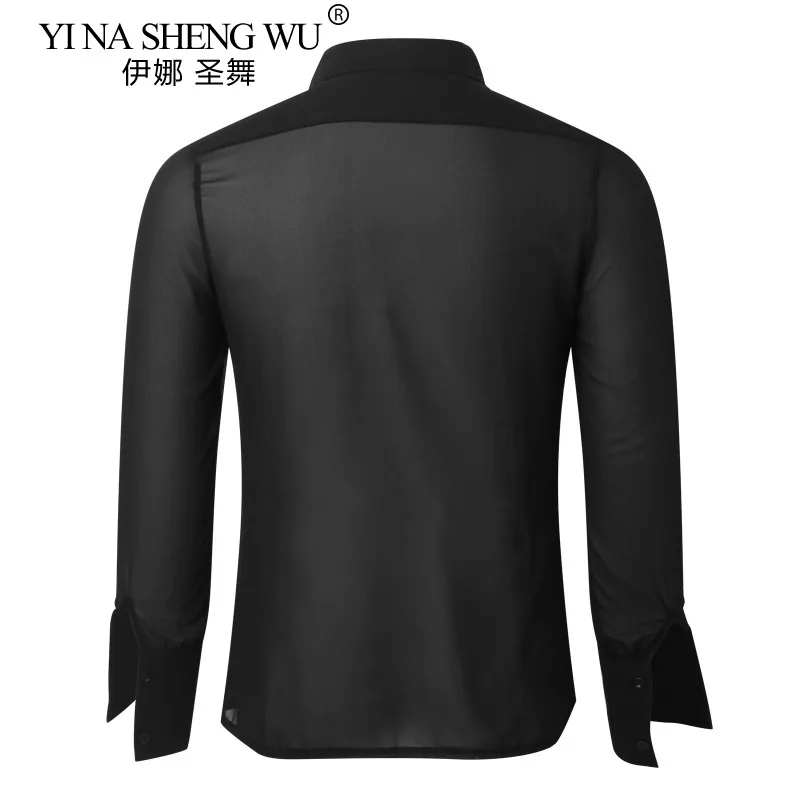 Men's Latin Dance Top Black Thin Breathable Casual Top Men's Sexy V-neck Long Sleeves Turn-down Collar Single-Breasted Shirt