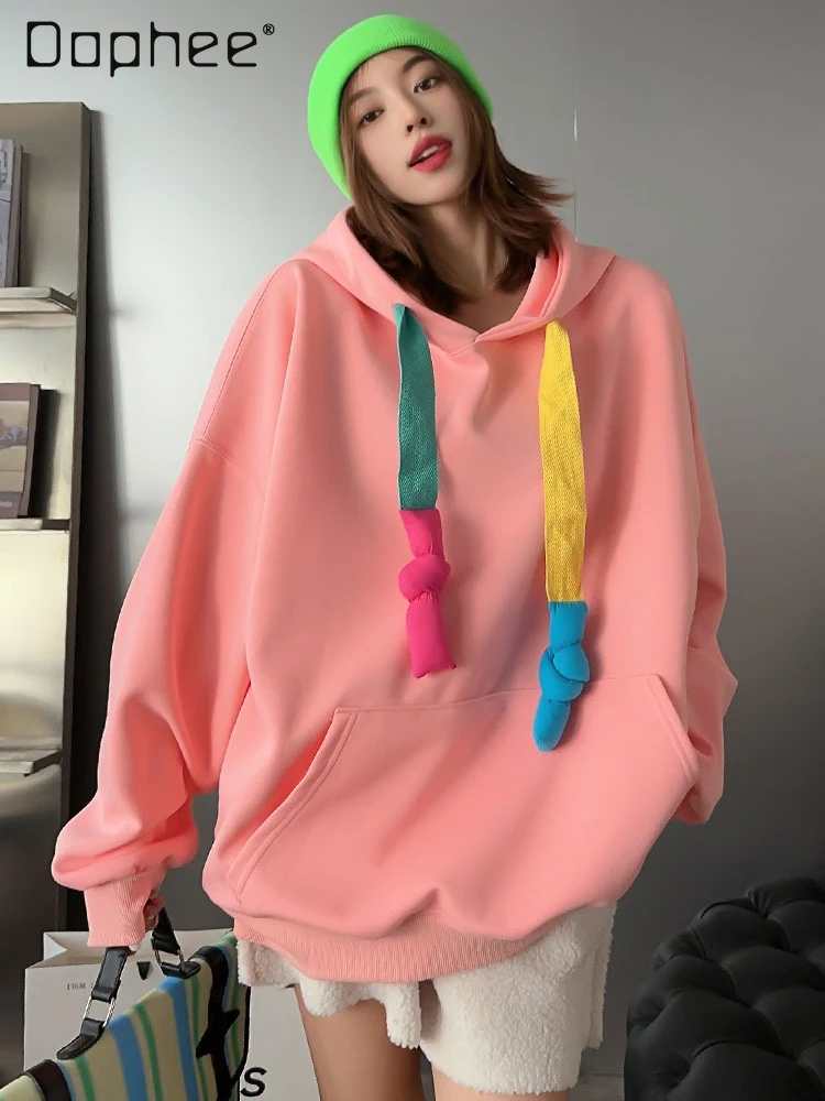 

Candy-Colored Oversized Sweatshirts Top Female Student Spring Autumn Fashion Colorblock Mid-Length Loose Hoodie Coat Women