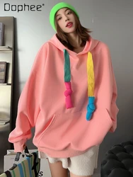 Candy-Colored Oversized Sweatshirts Top Female Student Spring Autumn Fashion Colorblock Mid-Length Loose Hoodie Coat Women