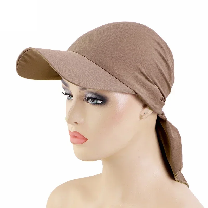 Summer Women Wide Brim Cap Sun Visor with Pre-Tied Turban Hijab Caps Head Scarf Windproof Bandanas Outdoor Sun Hat Solid Color