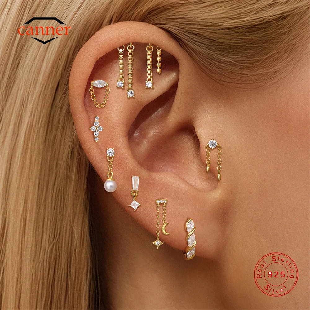 

CANNER 1PC 925 Sterling Silver Box Tassel Chain Flat Head Piercing Ear Bone Nail For Women Ins Moon Waterdrop Stud Earring Gift