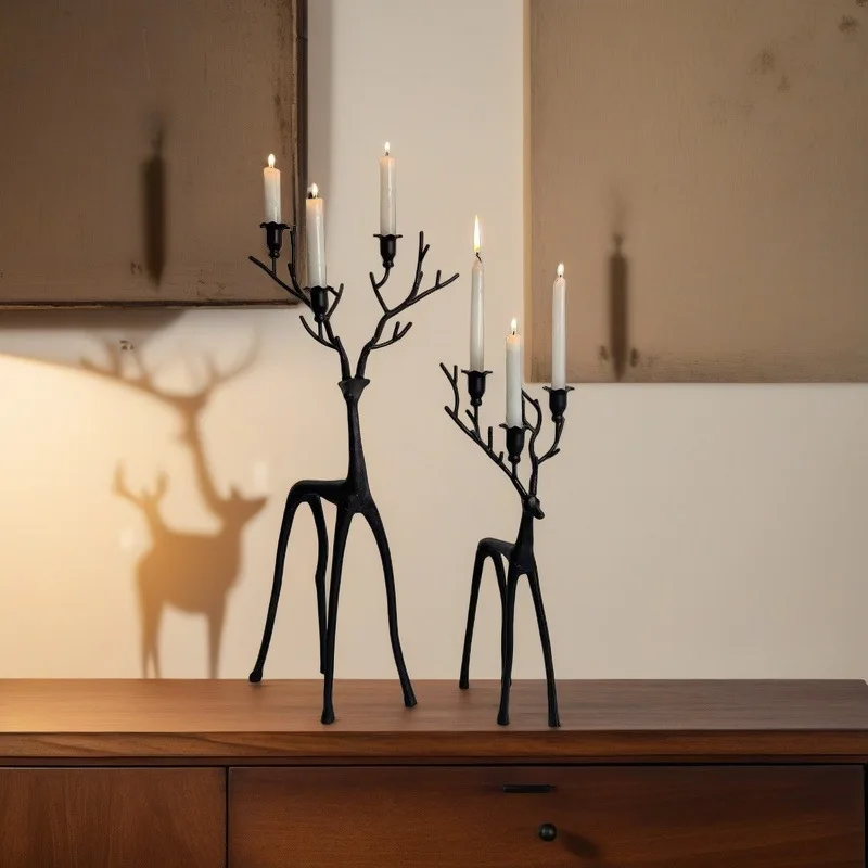 3-head Black Wrought Iron Elk Candlestick Christmas Decoration Crafts Creative Home Office Desktop Ornaments Candle Holders