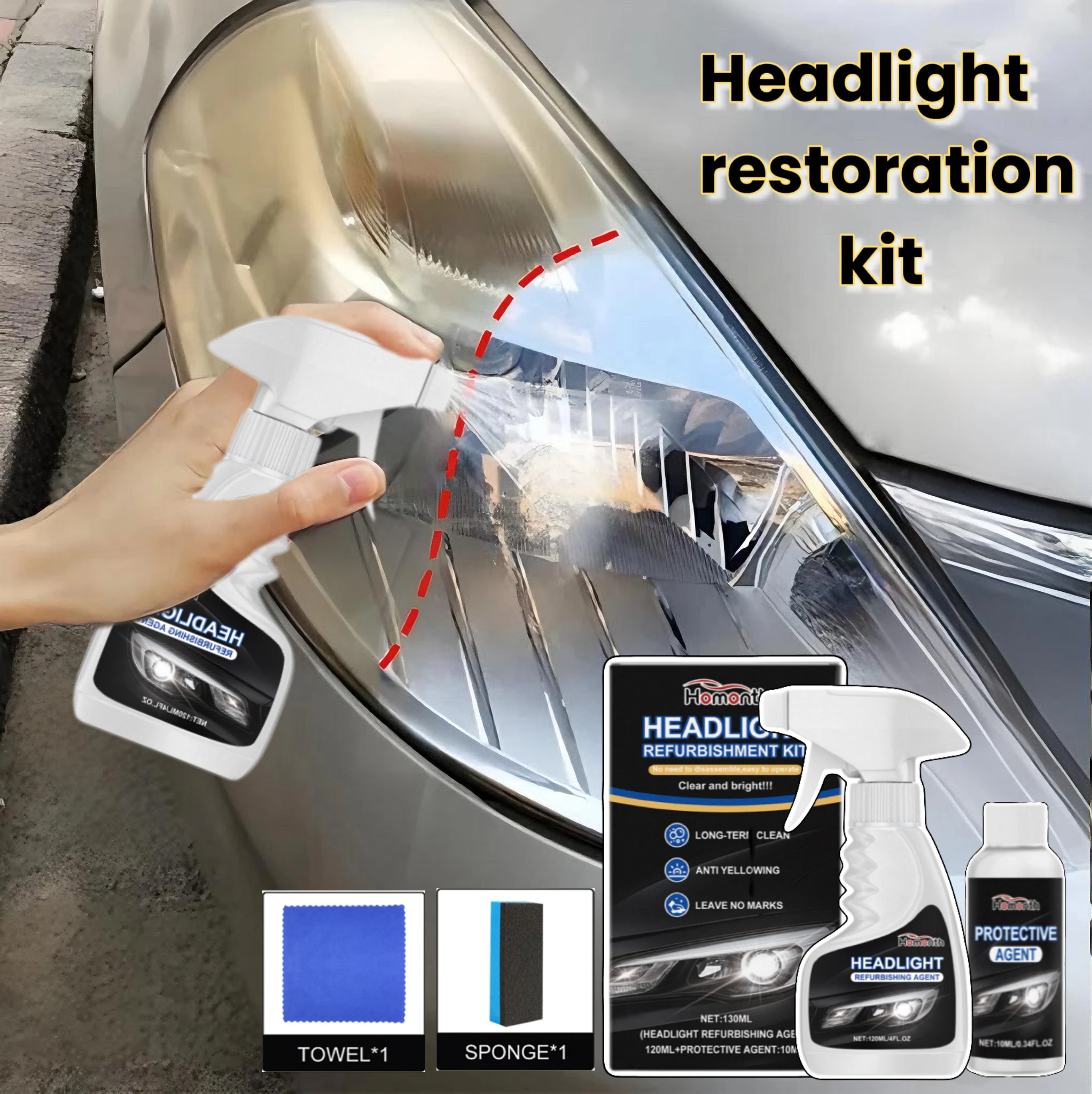 يزيل سائل إصلاح المصابيح الأمامية للسيارة باللون الأصفر والخدوش بسرعة ويعيد اللمعان الواضح ويحسن سلامة القيادة الليلية