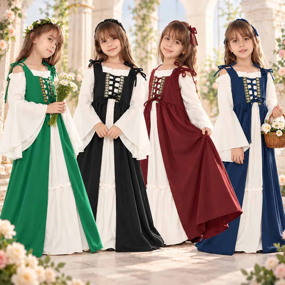 Lace Dress - ハロウィーン、中世ルネサンス風ドレス、女の子用、スクエアネック、レースアップコルセット、ヴィンテージ風プリンセス衣装、ロングガウン、カーニバル、コスプレパーティー