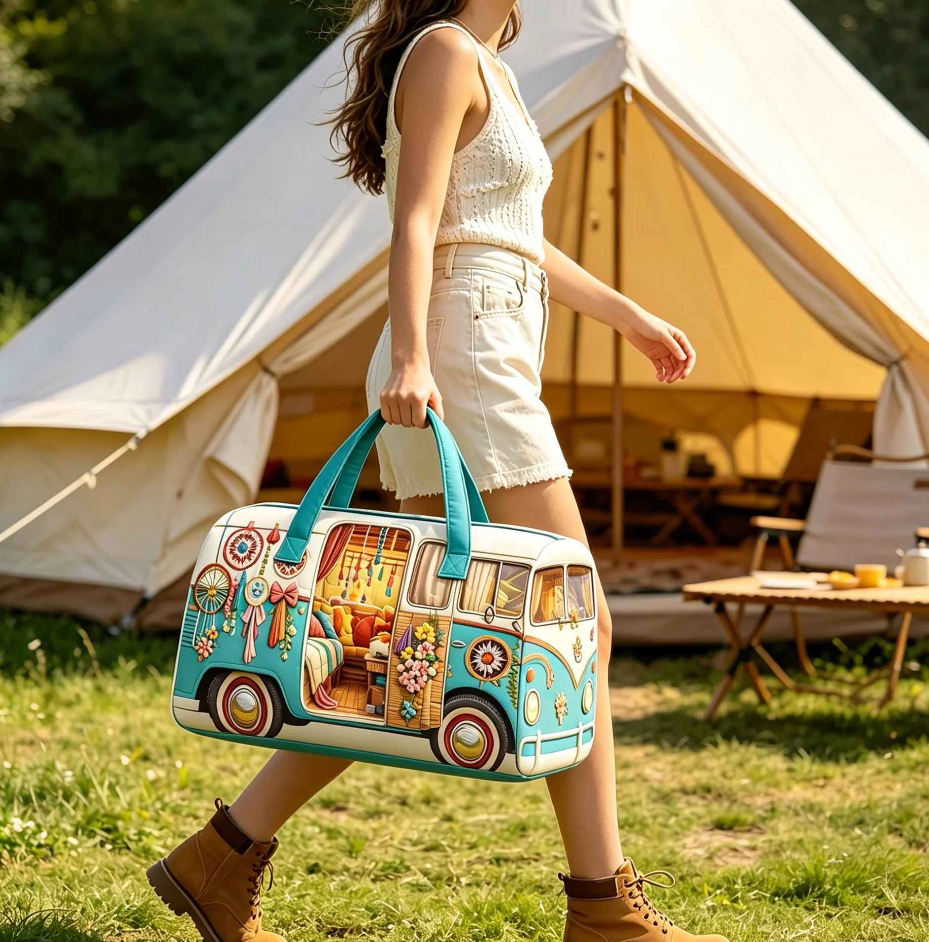 Fashion 3D Quilted Duffle Bag Bus Design Large Capacity Travel Handbag Retro Boho Sturdy Gym Tote Bag Daily Outings
