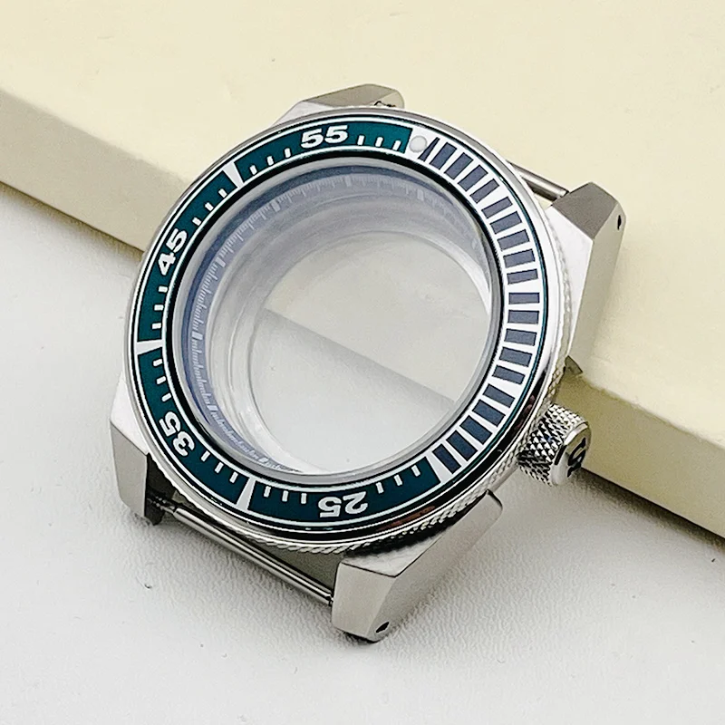 Mod Silver Seiko King Samurai Replace Watch Cases fits NH35 NH36 7S26 4R Movement Transparent back Blue Chapter Ring Watch Case