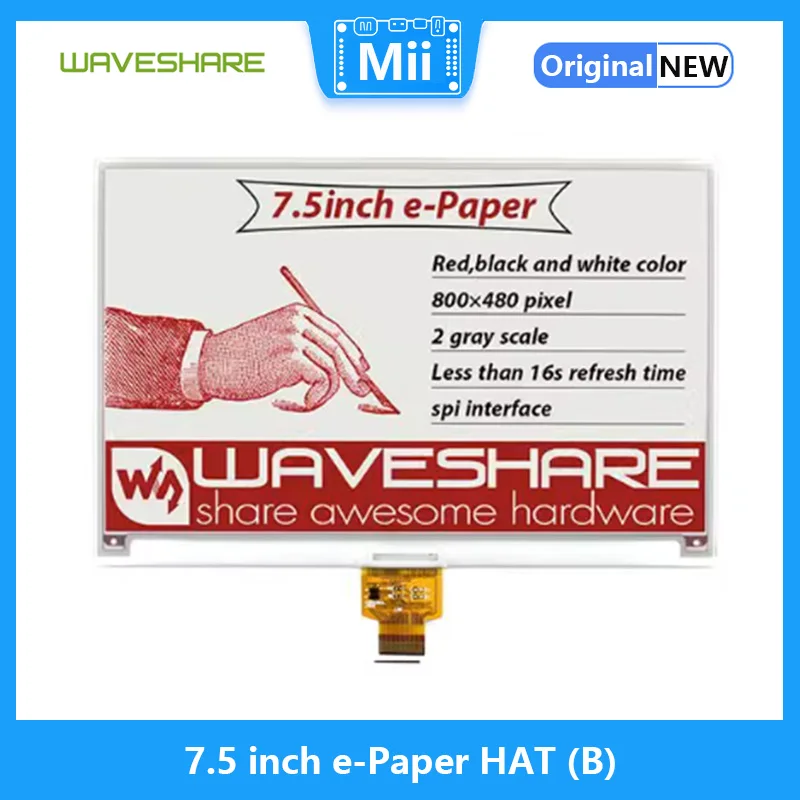 

7.5inch e-Paper HAT (B) 800×480 E-ink Display Module Three-color SPI interface with examples for Raspberry Pi/STM32