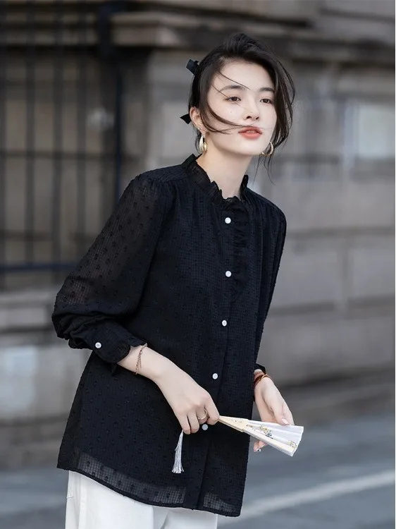 

Casual Sle Long Sve Stand Collar Women's irt Floral Lace Hem Chiffon Spring Summer New Arrival Versatile Loose Fit irt
