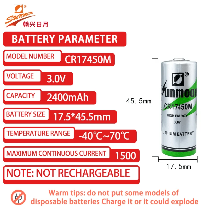 SUNMOON CR17450M 3V Disposable Lithium Batteries For Fire alarm Equipment Intelligent water meter PLC industrial control servo