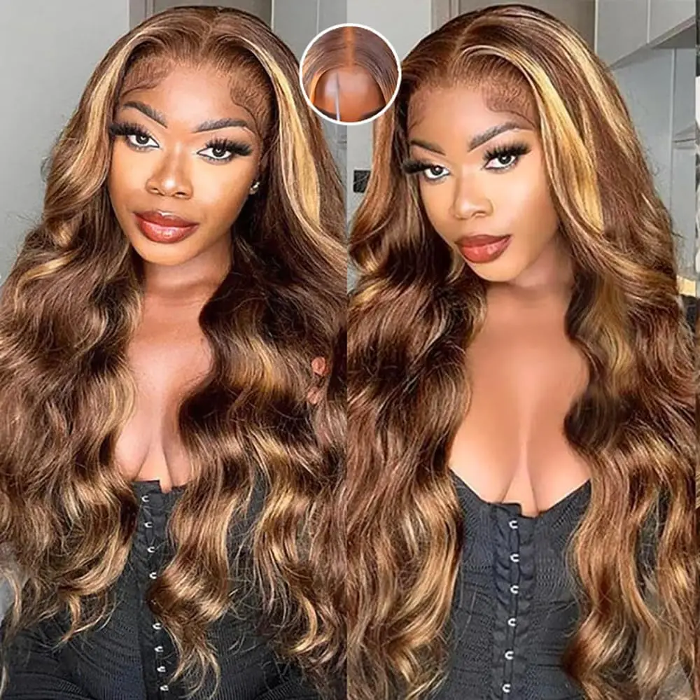 Honey Blonde Lace Front Human Hair Wig 13x4 HD Transparent 4/27 Highlight Ombre Lace Frontal Wig Pre Plucked 200% Density