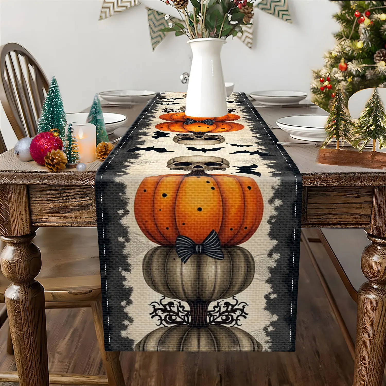 1 Piece of Halloween-Themed Table Runner, Featuring Patterns Such as Pumpkins, Skulls, Bats, and Lace, Suitable for Holiday Parties, Home Decoration, and Other Occasions