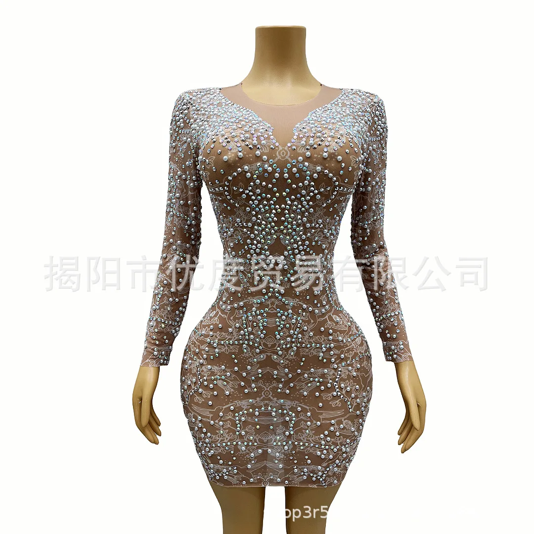 

2026 Shining Slim Perspective Rhinestone Pearl Dress Short Skirt Cocktail Party Birthday Party Night Dance Flowers Flying Birds