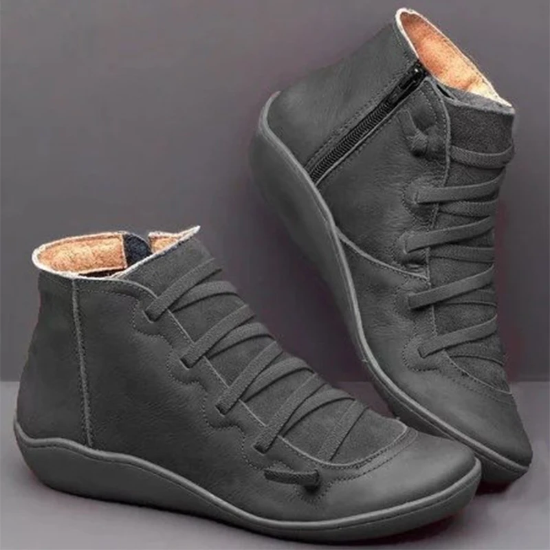 Botas de piel sintética con cordones para mujer, botines planos de estilo Vintage, a la moda, para Otoño e Invierno