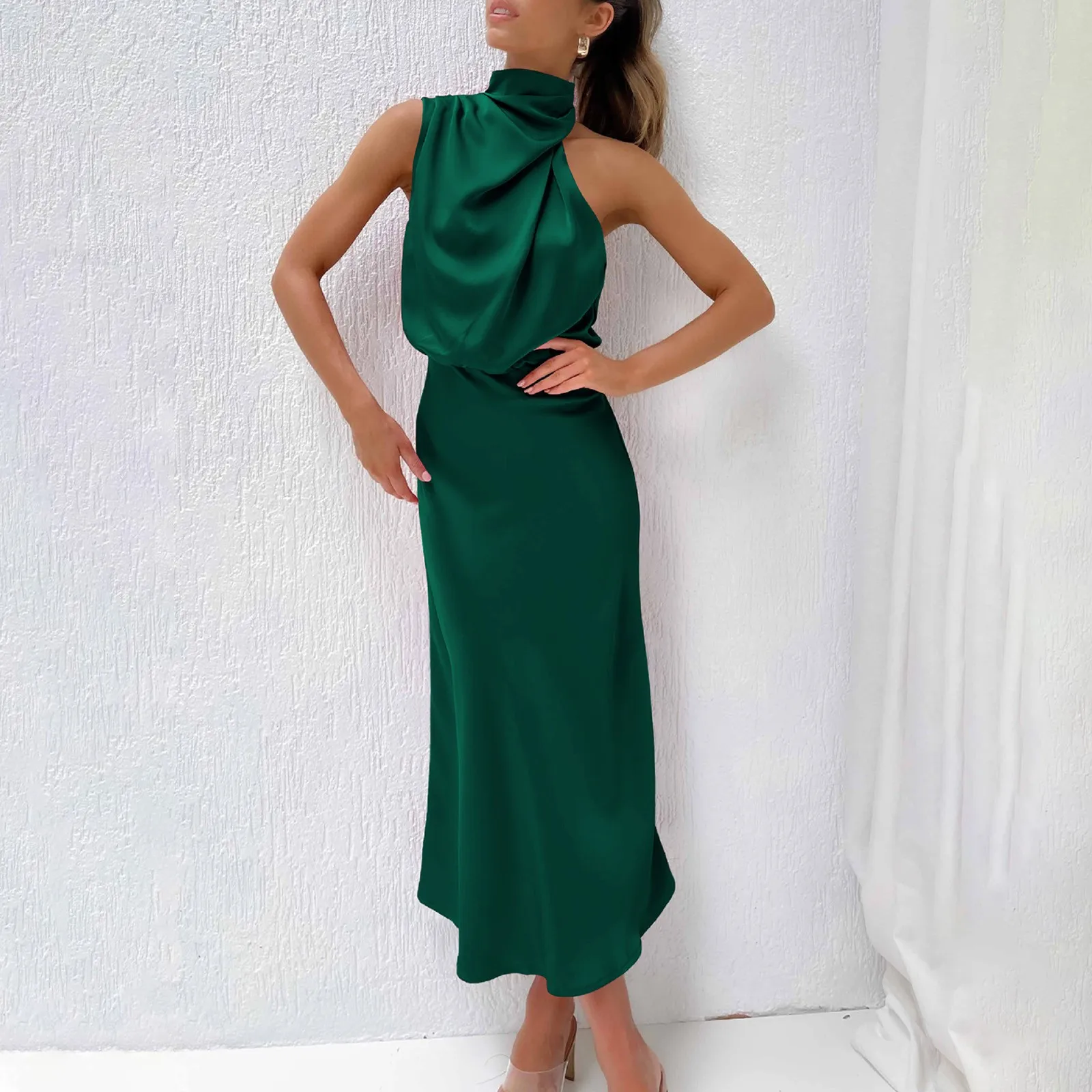 Midi Female Elegant Formal Dresses Satin Women Dress Mock Neck Side Slit Flowy Maxi Tank Women'S Dress Party Evening Vestidos