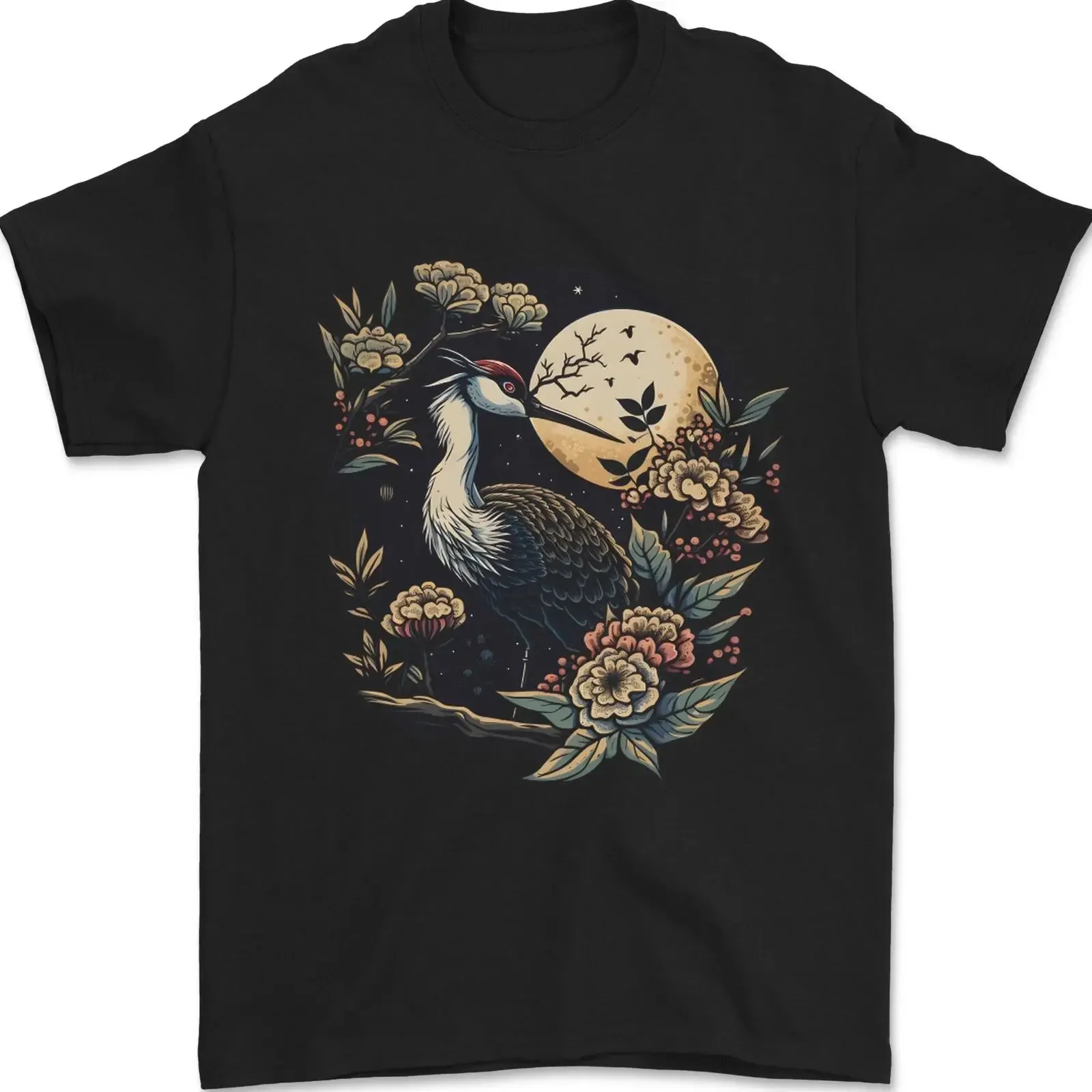 Camiseta de hombre Ein Kranich mit Blumen und Mond Vogel, 100% algodón, estilo vintage, cómoda, elegante, ligeramente a la moda, informal
