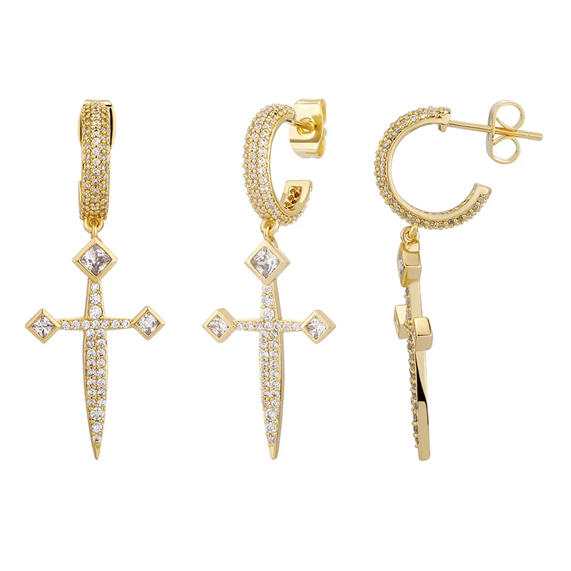 1 pair Hip Hop 3A+ CZ Stone Paved Bling Ice Out Sword Cross Drop Earrings for Men Women Unisex Rapper Jewelry Drop Shipping