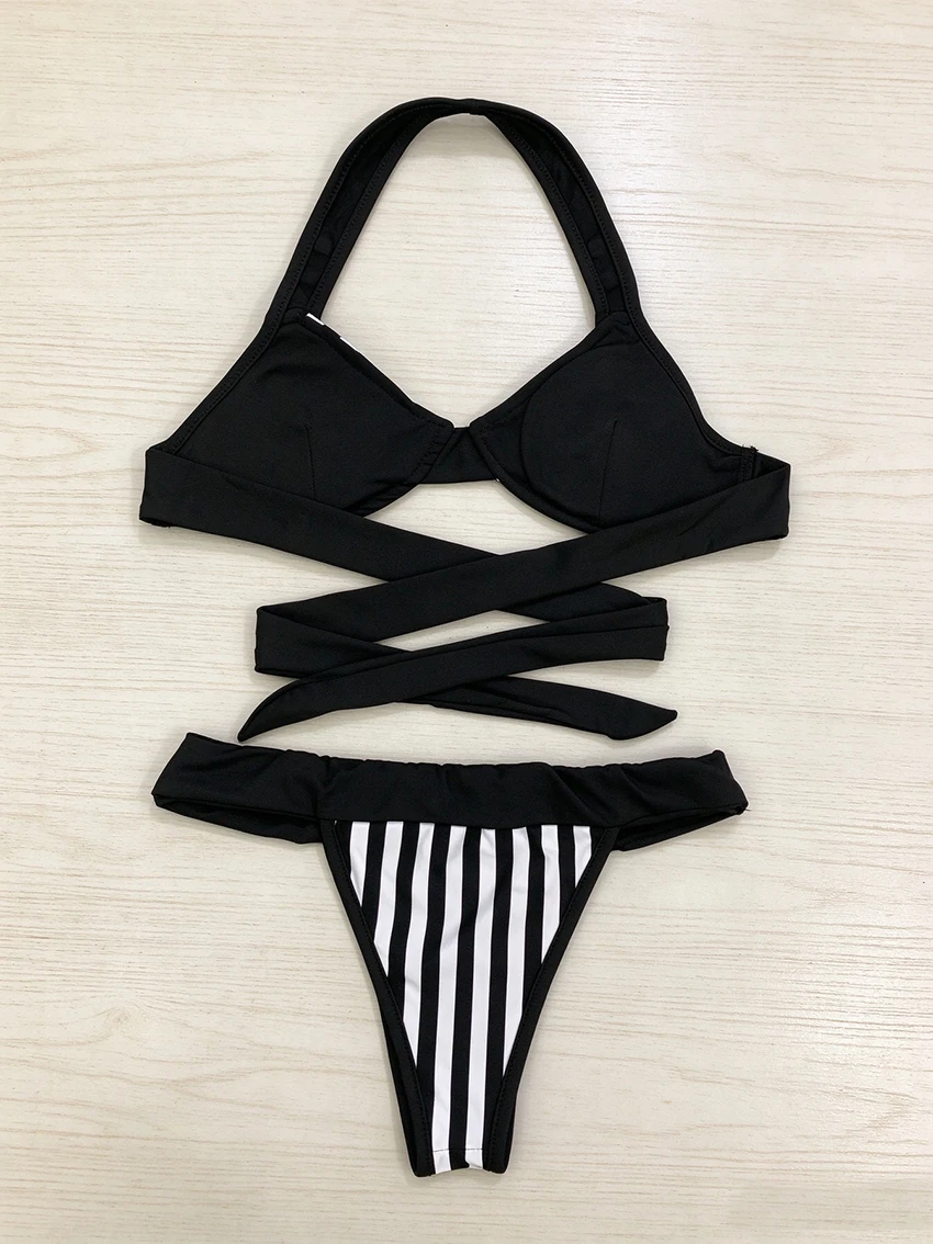 Punk Harajuku Aesthetics Rivet Halter Bikini Women Fashionable Black White Stripe Two Piece Swimsuit Summer Beach Bathing Suits view 4