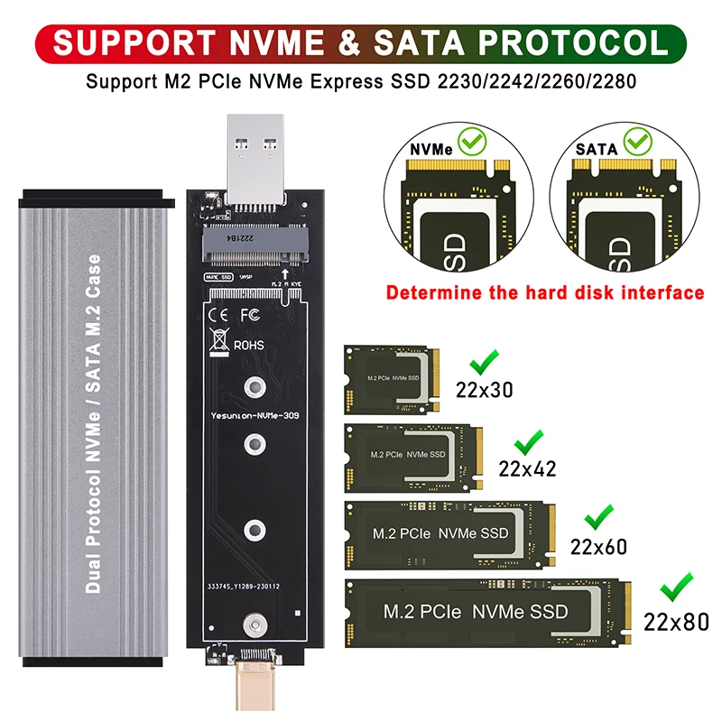 Dual Protocol M2 SSD Case USB3.0/Type-C to M.2 NVME SATA SSD Enclosure Adapter 10Gb USB3.1 Gen2 USB C External SSD Box M/B&M Key