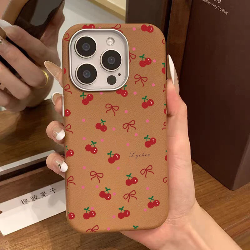 Trendy Red Cherry Bowknot Dots Case Compatible for IPhone 16 13 15 11 12 14 Pro Max XR 15 16 Plus X XS Max Leather Texture Case