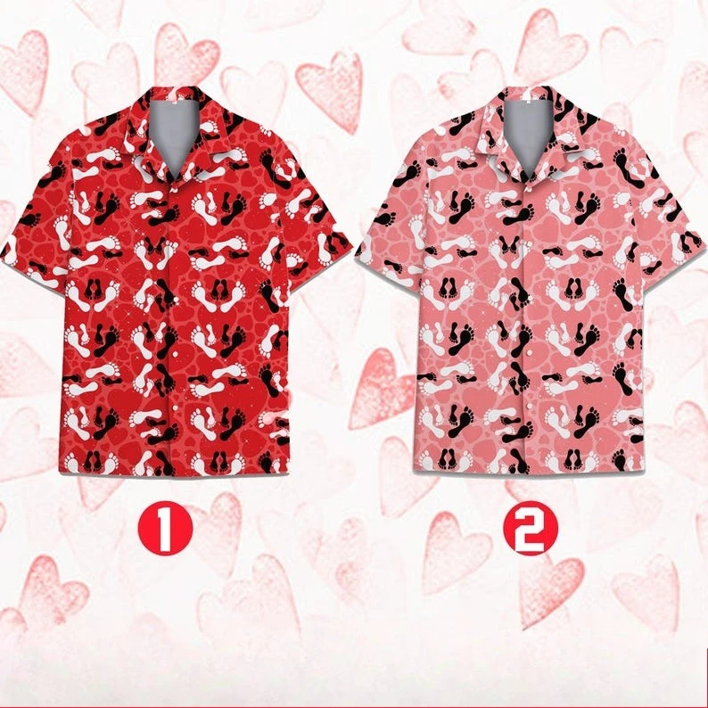 26 Men's Romantic Couple Family Vacation Floral Shirt with Footprint and Heart Print,Thin and Loose-fitting Ice Silk Beach Shirt