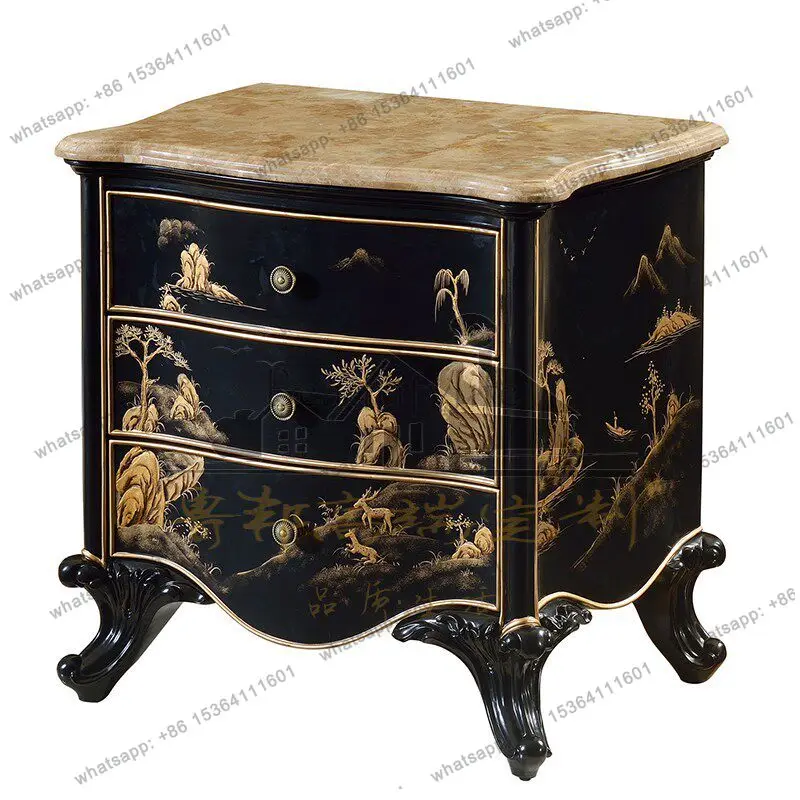 

French luxury solid wood carving flower bedside table European hand painted gold craft bedside table