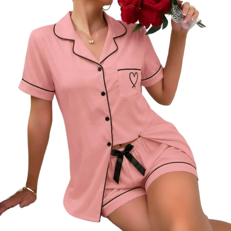 Women's Pajamas Lounge Set Heart Embroidered Pocket Patched Sleepwear Button Down Short Sleeve Top & Shorts Pyjama Home Clothing