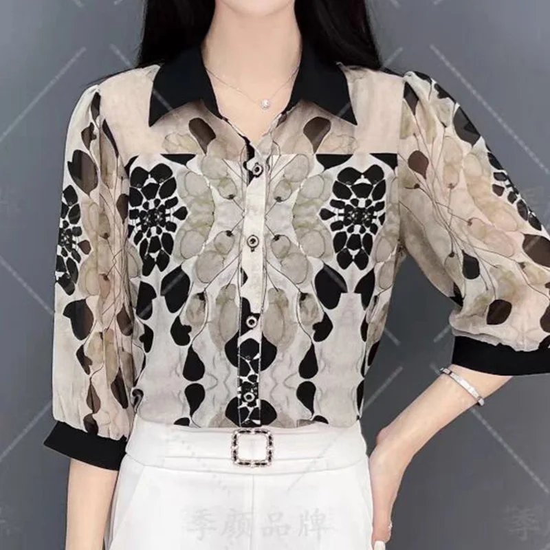 2024 New Summer KPOP Fashion Style Retro Loose Irregular Office Lady Women\'s Shirt Button Print V Neck 3/4 Sleeve Chic Y2K Tops