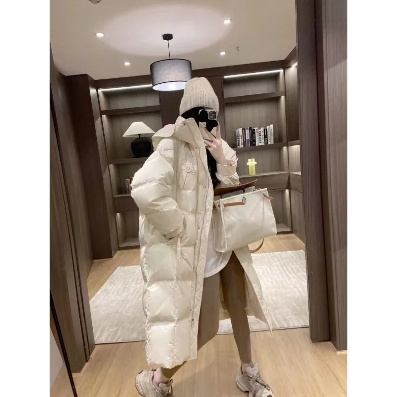 Long Loose Puffer Down Coat for Women, Warm Hooded Jacket, Casual Outerwear, Winter Fashion, New, Female, 2024