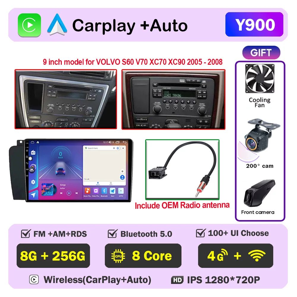 Auto radio CarPlay voor Volvo XC70 V70 S60 2000-2009 Android Auto multimediaspeler stereo 8-core autoradio DSP 5G WIFI scherm DVD