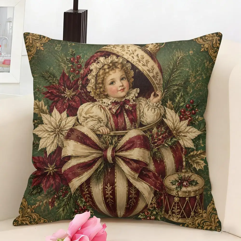 Victorian Christmas Elegance Cushion Cover Linen Pillow Cover 40x40cm Decorative Cushion Case Boho Home Sofa Decor Gift