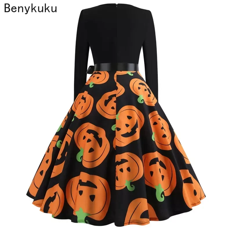 Halloween Cosplay Costume Props Fancy Pumpkin Women Gothic Dress Long Sleeve Princess Festival Dress Up Party Vintage Robe Femme