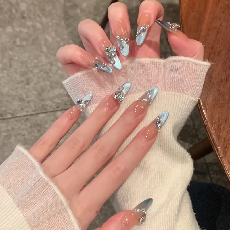 

24 Pcs Cat Eye Rhinestone French Set of False Nails Artificial Fake Nails with Design Long Press on Nails with Sticky Tabs Blue