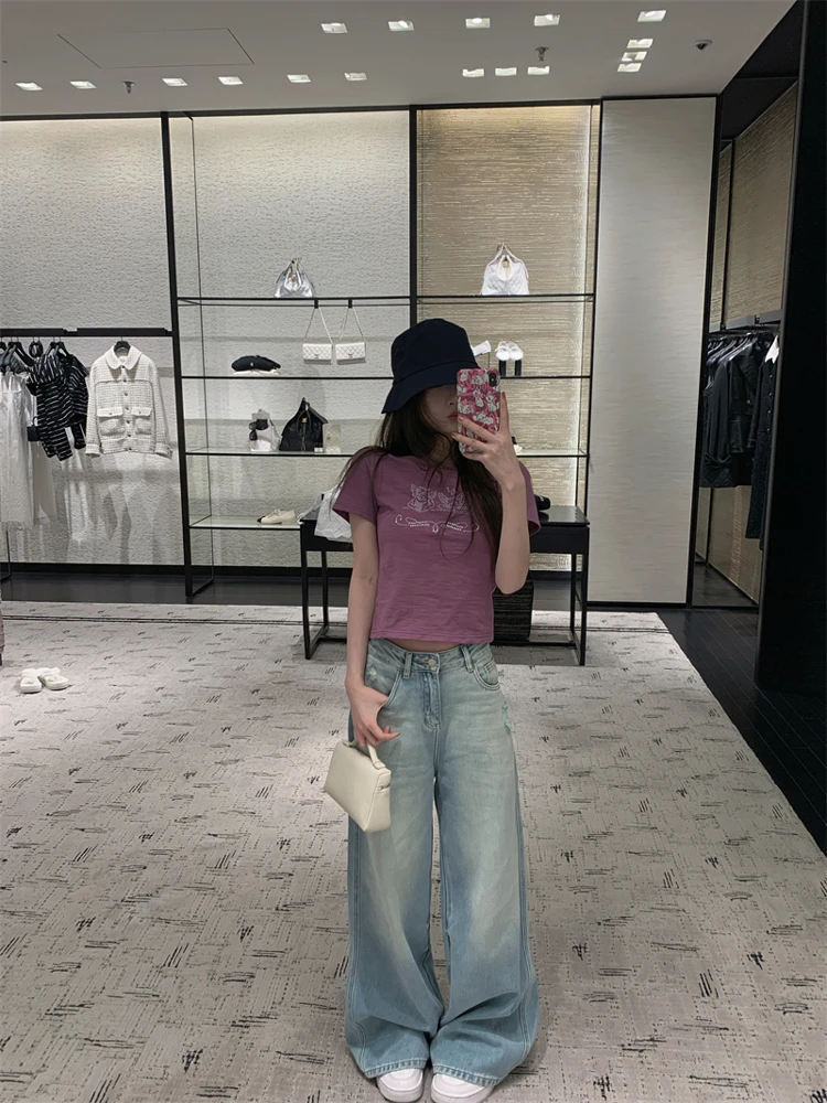 

Faionable Weathered Wide Leg Straight Jeans Casual Waed out Denim Pants Loose Fit Long Trousers Spring Summer Light Weight