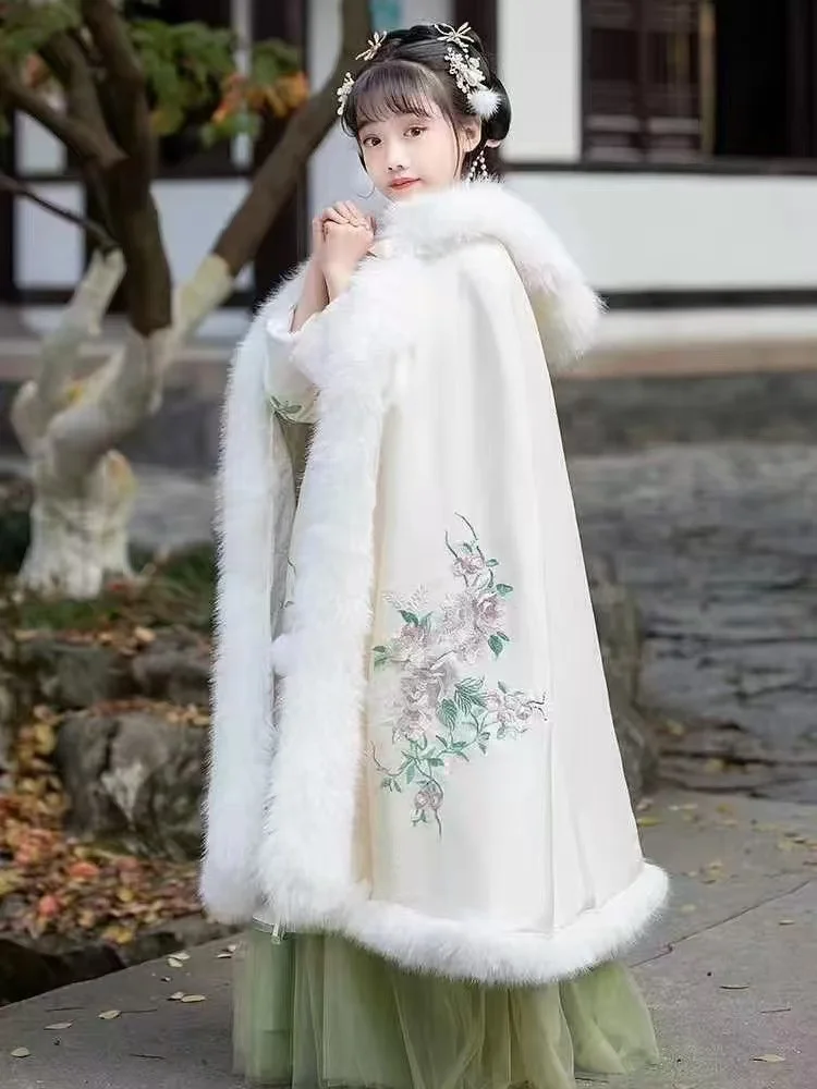 Classic Girls Winter Hanfu Cloak Thicken Velvet Traditional Chinese Long Robe Fairy Kids New Year Party Event Tang Costume Cape