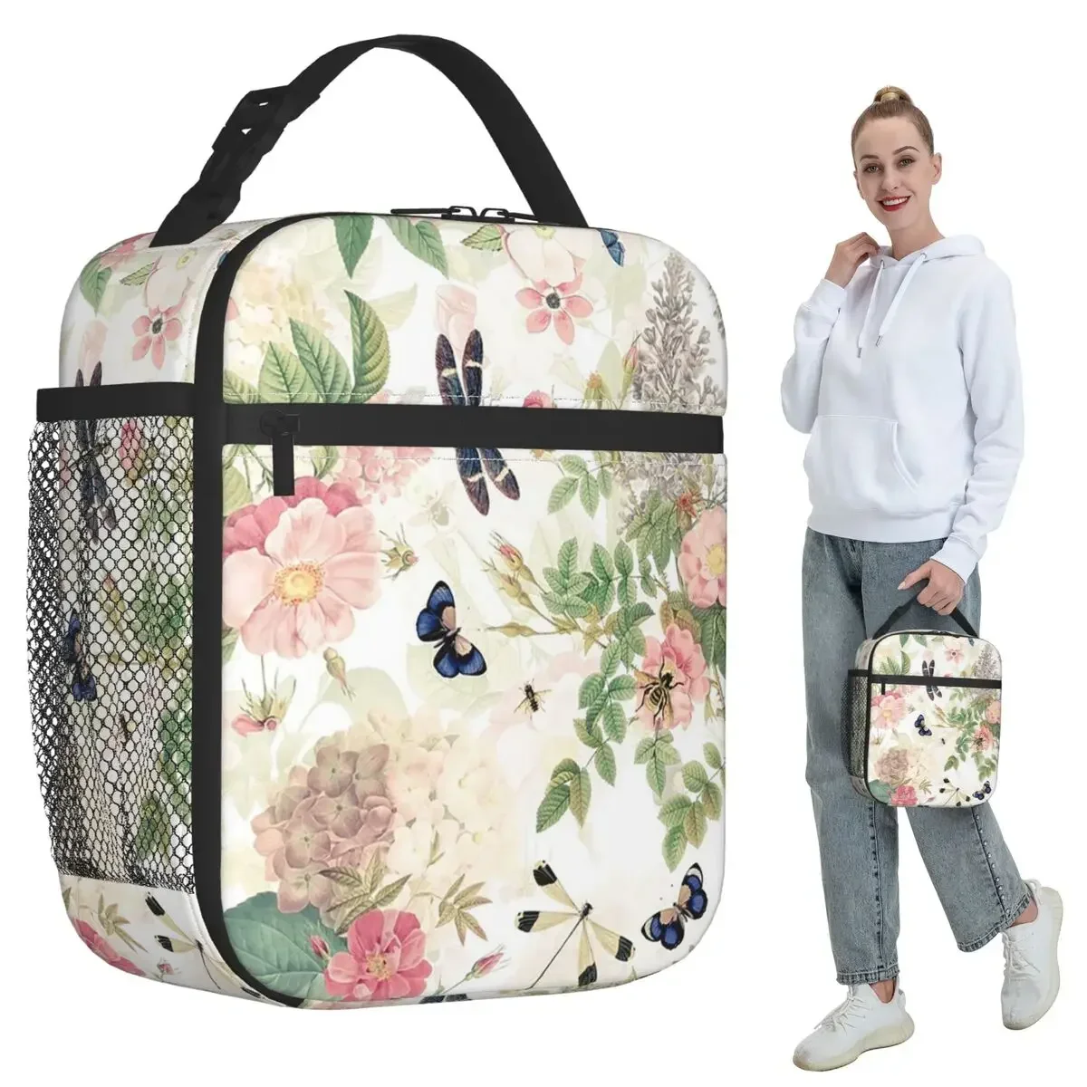 UtART Vintage Roses Spring Flower And Early Insects Botanical Insulated Lunch Bag Food Box Tote Portable Lunch Boxes Container